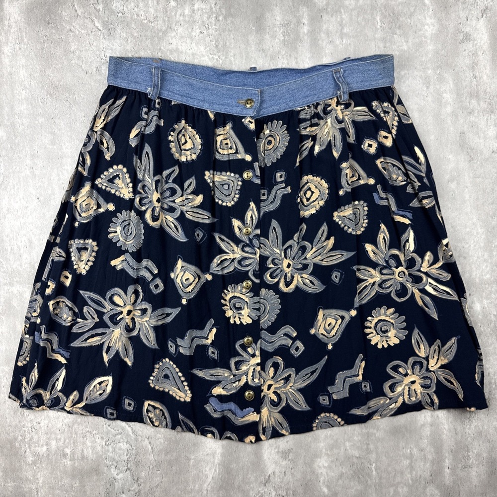 Vintage Carolina Colours Skirt Women Large Denim Black Floral High Waisted Flowy